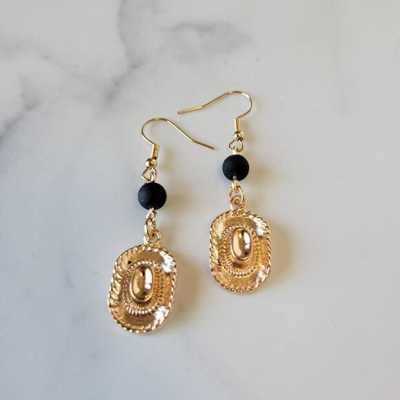 Handmade Gold Tone Cowboy Hat Charm Earrings - Picture 1 of 2